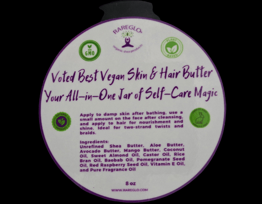 RareGlo Skin & Hair Butter 8 oz with Shea Butter, Mango Butter, Avocado Butter, Pomegranate Seed Oil, Castor Oil.